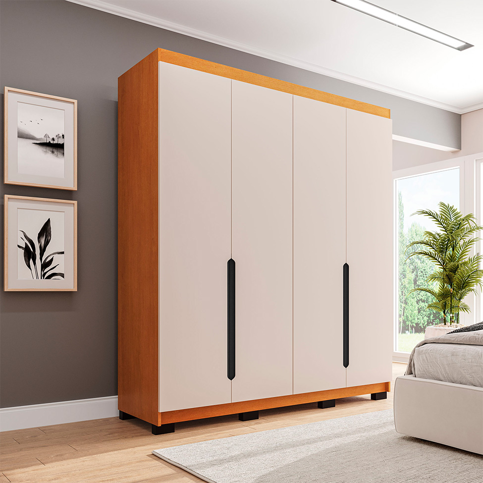 Guarda-Roupa Solteiro Madrid 4 Portas 4 Gavetas Freijó e Creme