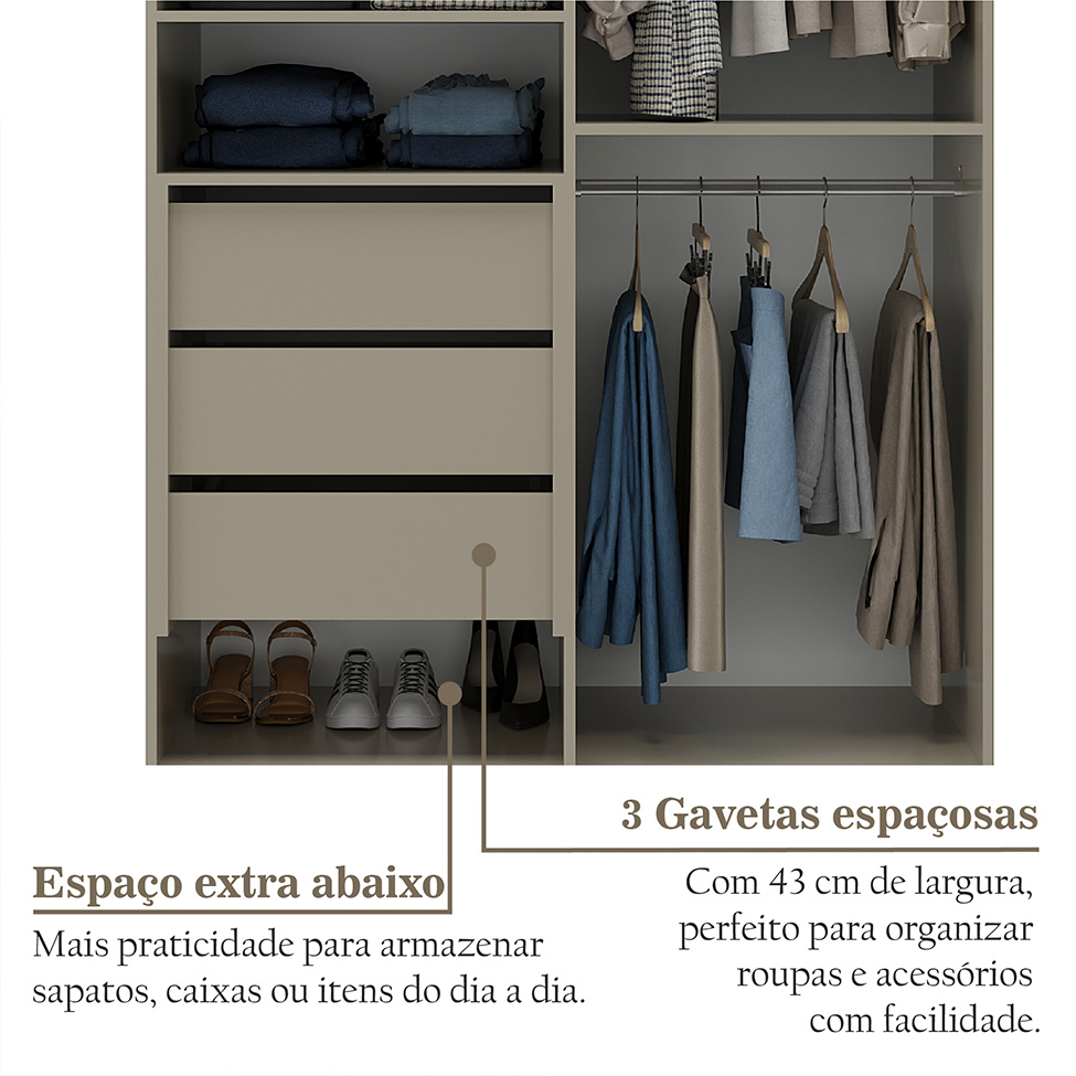 Guarda-Roupa Solteiro Marsala 2 Portas 3 Gavetas Bege