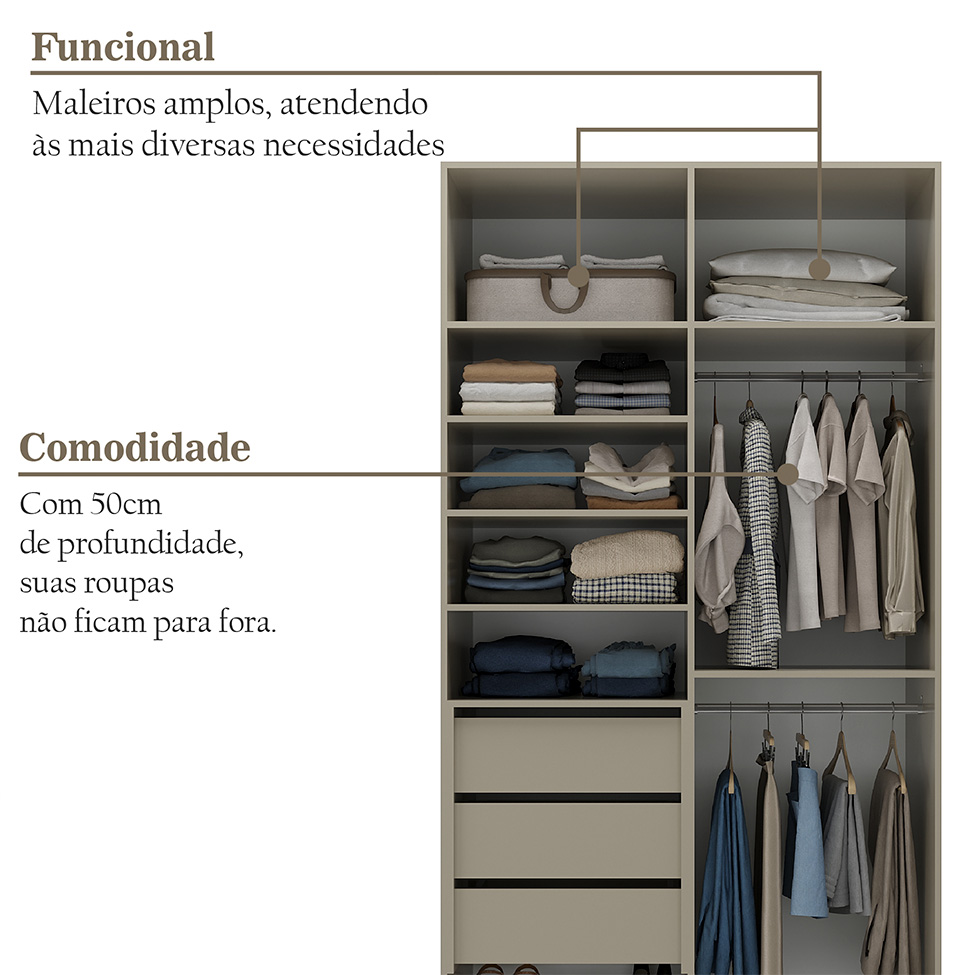 Guarda-Roupa Solteiro Marsala 2 Portas 3 Gavetas Bege