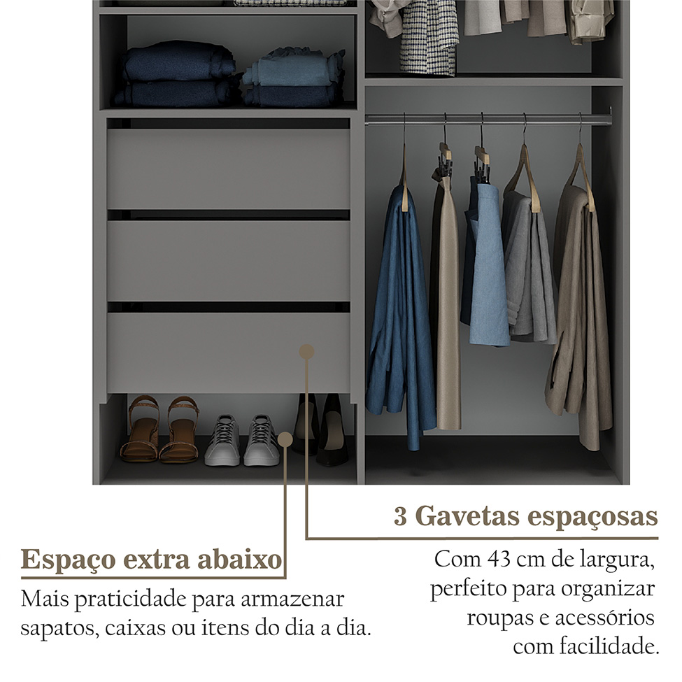 Guarda-Roupa Solteiro Marsala 2 Portas 3 Gavetas Cinza