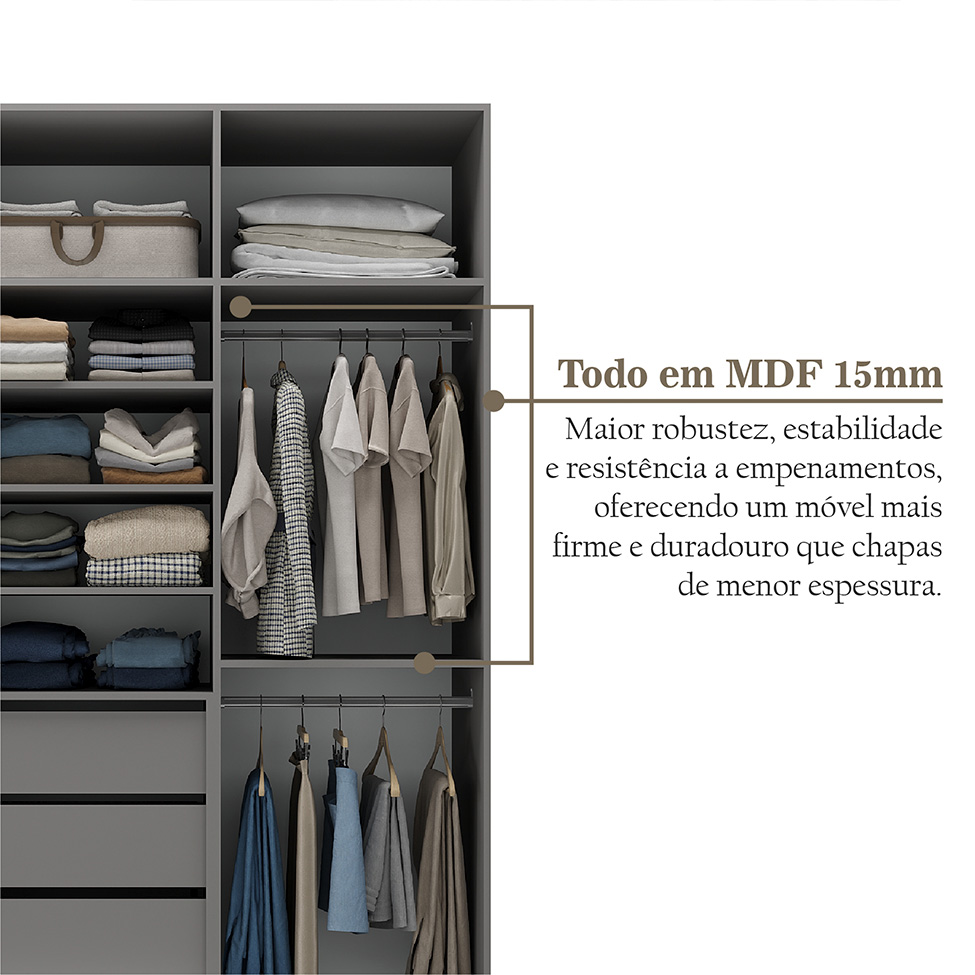 Guarda-Roupa Solteiro Marsala 2 Portas 3 Gavetas Cinza