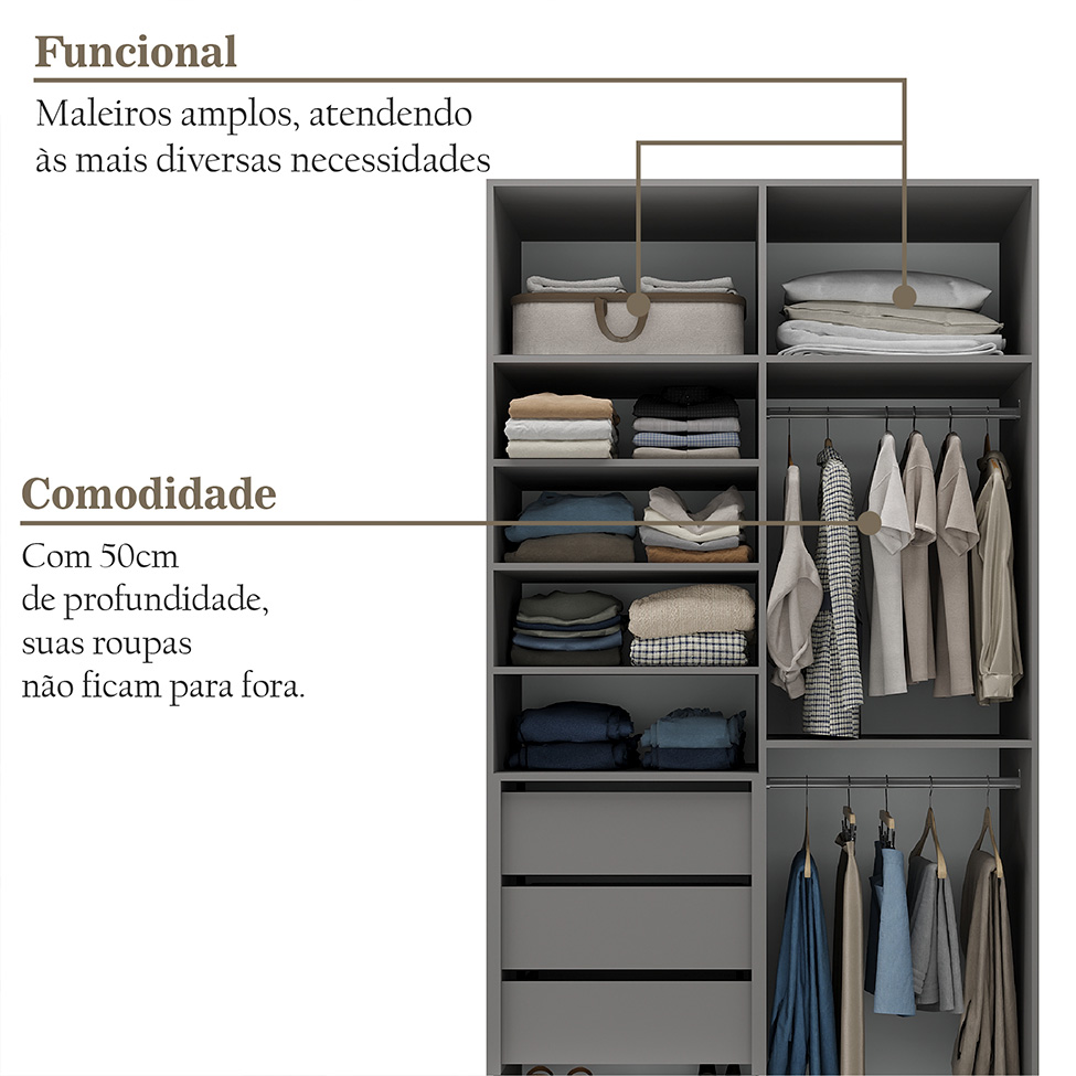 Guarda-Roupa Solteiro Marsala 2 Portas 3 Gavetas Cinza