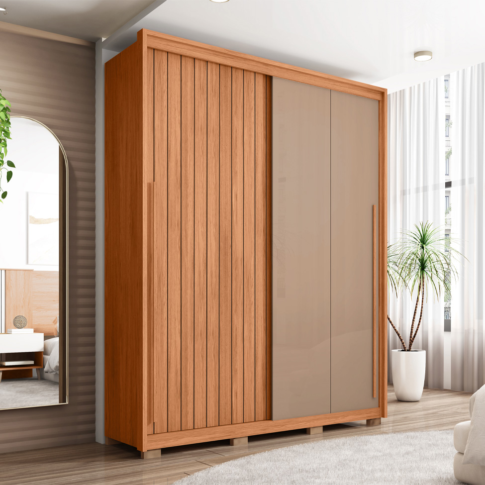 Guarda-Roupa Solteiro Moviment Ripado Flex 2 Portas 3 Gavetas Freijó