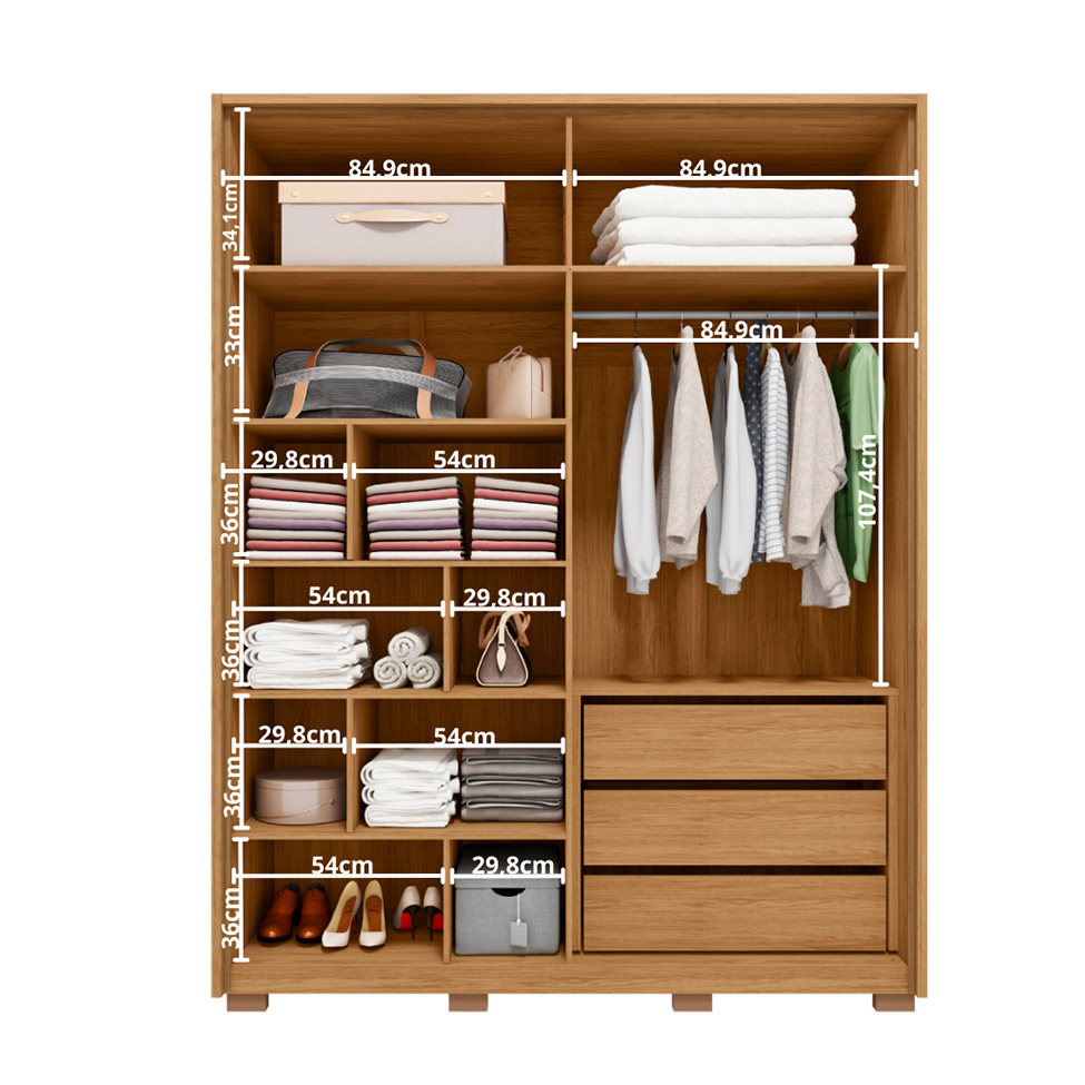 Guarda-Roupa Solteiro New Apollo Ripado 4 Portas 3 Gavetas Buriti e Fendi