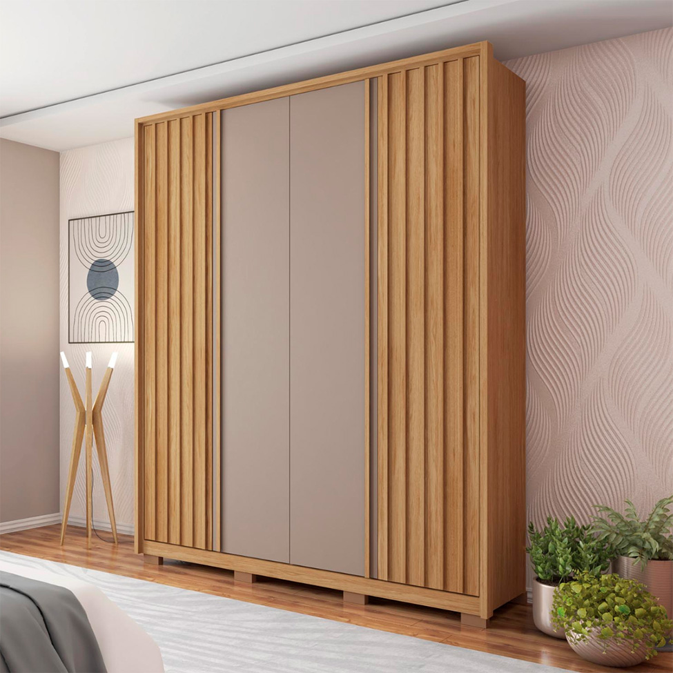 Guarda-Roupa Solteiro New Apollo Ripado 4 Portas 3 Gavetas Buriti e Fendi