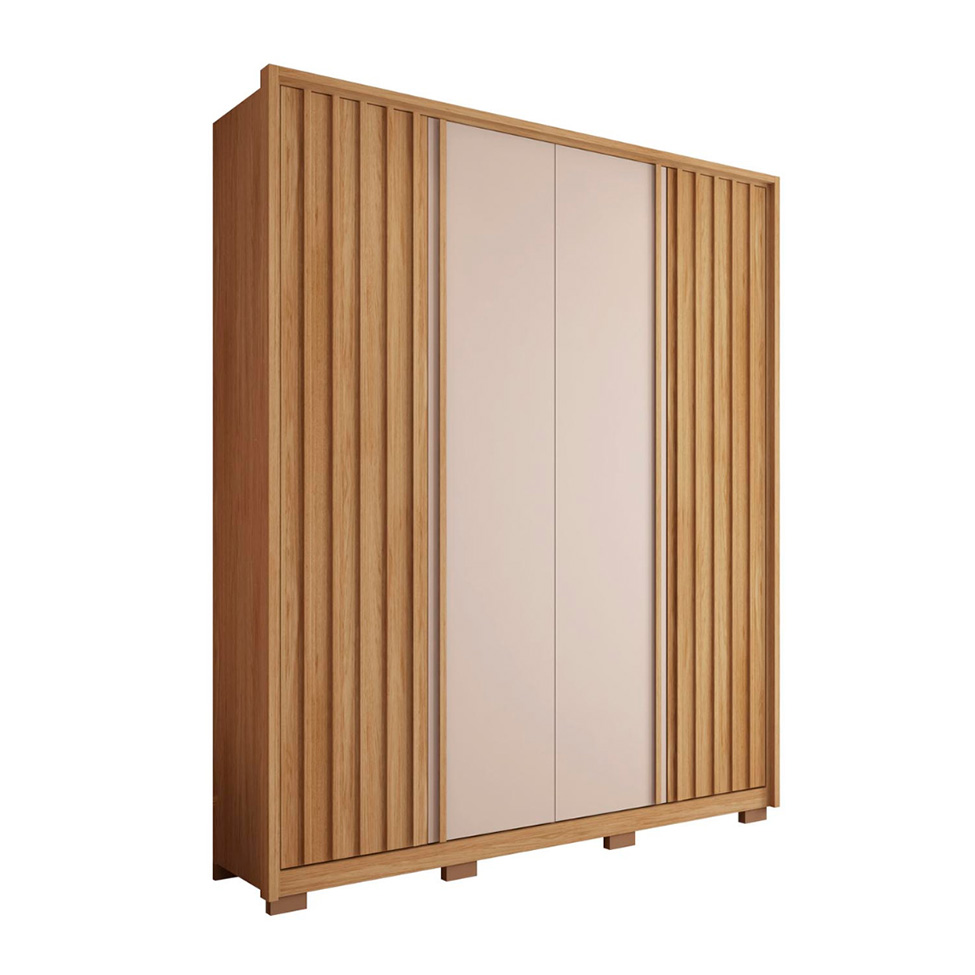 Guarda-Roupa Solteiro New Apollo Ripado 4 Portas 3 Gavetas Buriti e Off White
