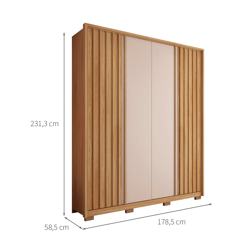 Guarda-Roupa Solteiro New Apollo Ripado 4 Portas 3 Gavetas Buriti e Off White