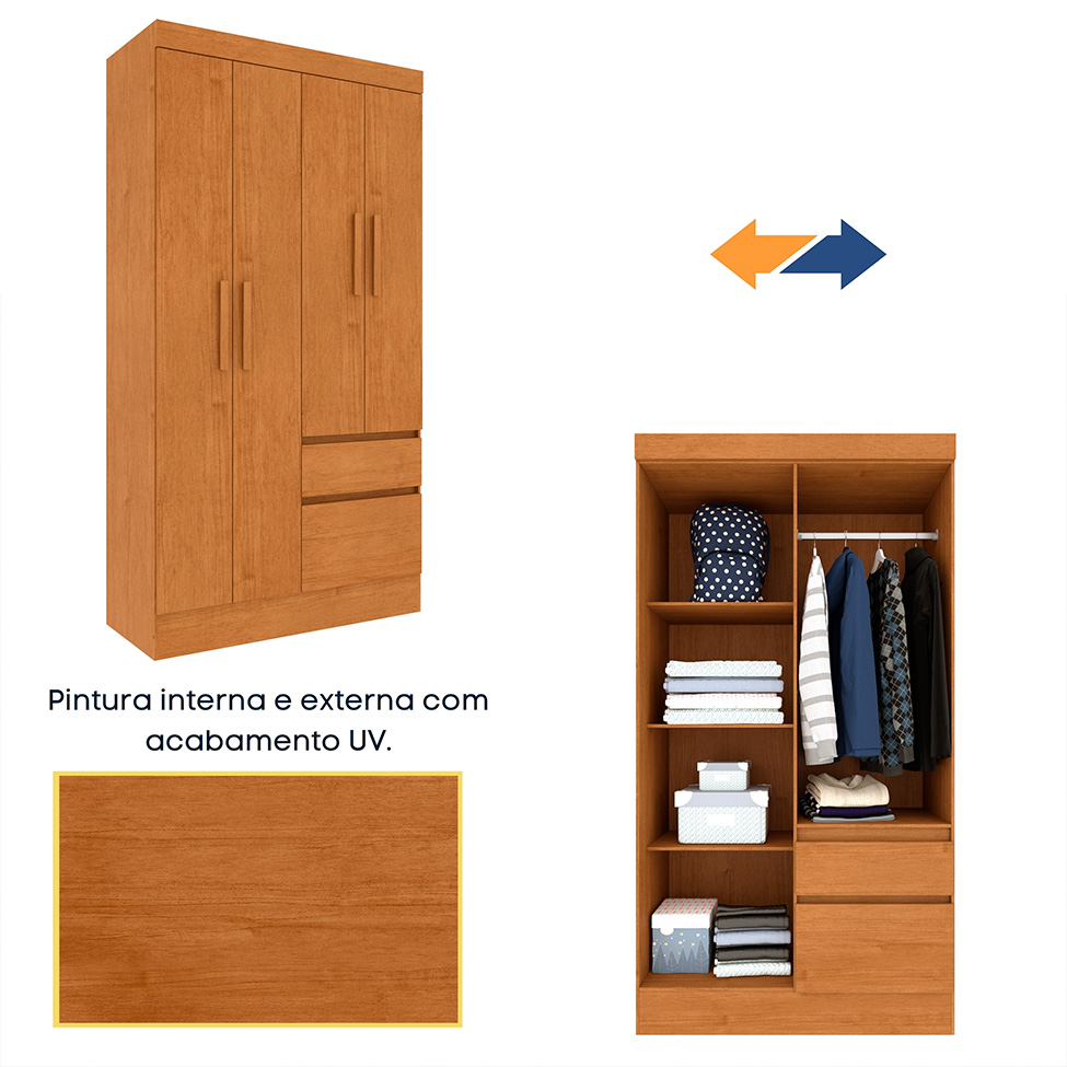 Guarda-Roupa Solteiro Oregon I 4 Portas 2 Gavetas Cinamomo