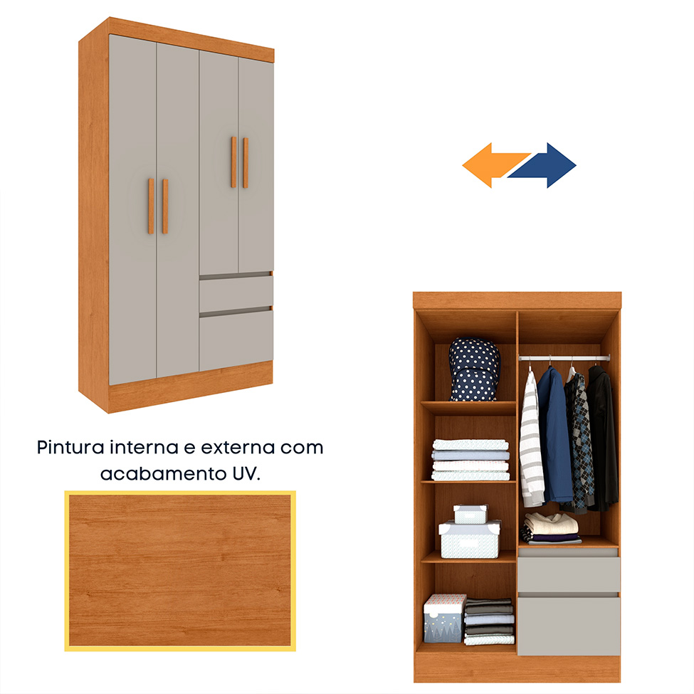 Guarda-Roupa Solteiro Oregon I 4 Portas 2 Gavetas Cinamomo e Off White