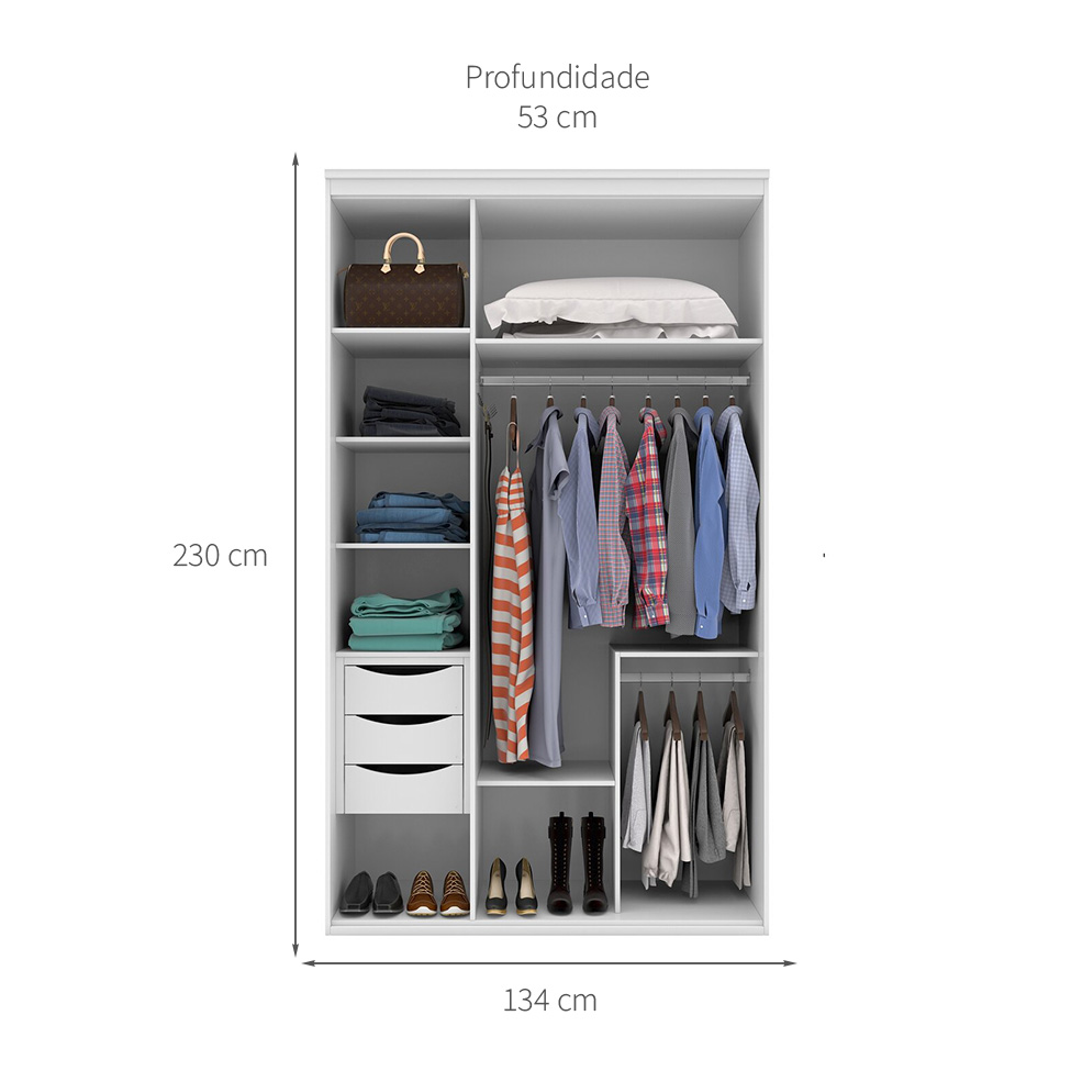 Guarda-Roupa Solteiro Originale 3 Portas 3 Gavetas Branco 134 cm