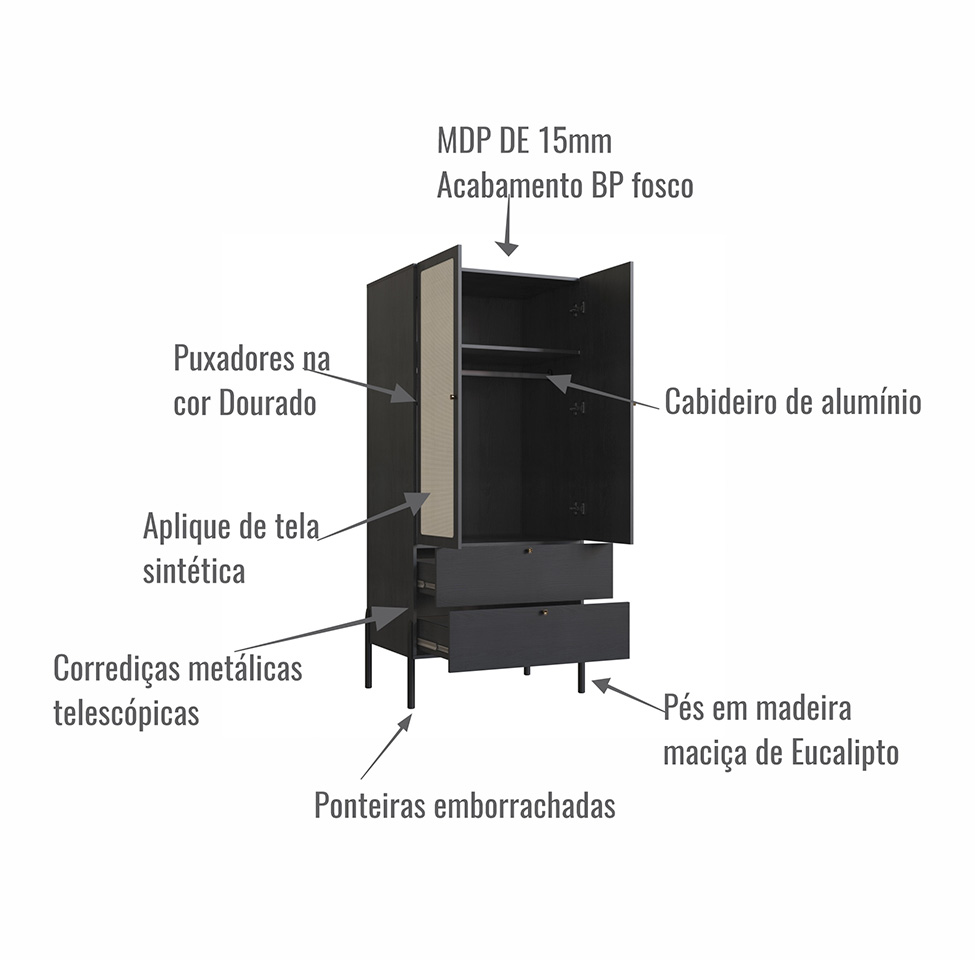Guarda-Roupa Solteiro Oslo 2 Portas 2 Gavetas Preto