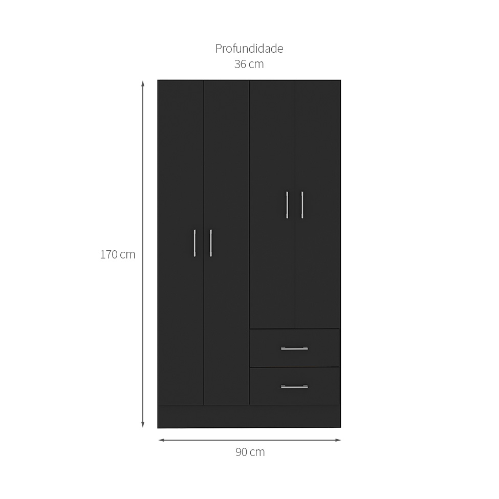 Guarda-Roupa Solteiro Panamá 4 Portas 2 Gavetas Preto