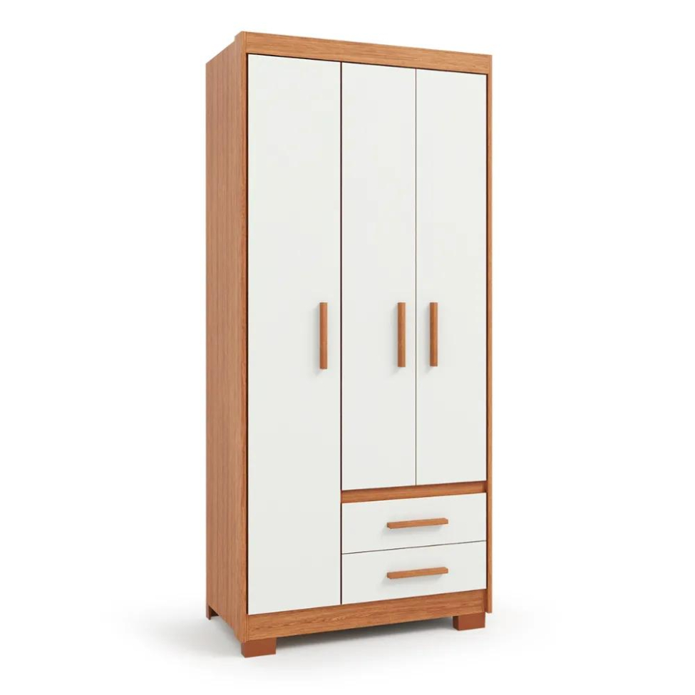 Guarda-Roupa Solteiro Primacy 3 Portas 2 Gavetas Freijó Wood e Off White