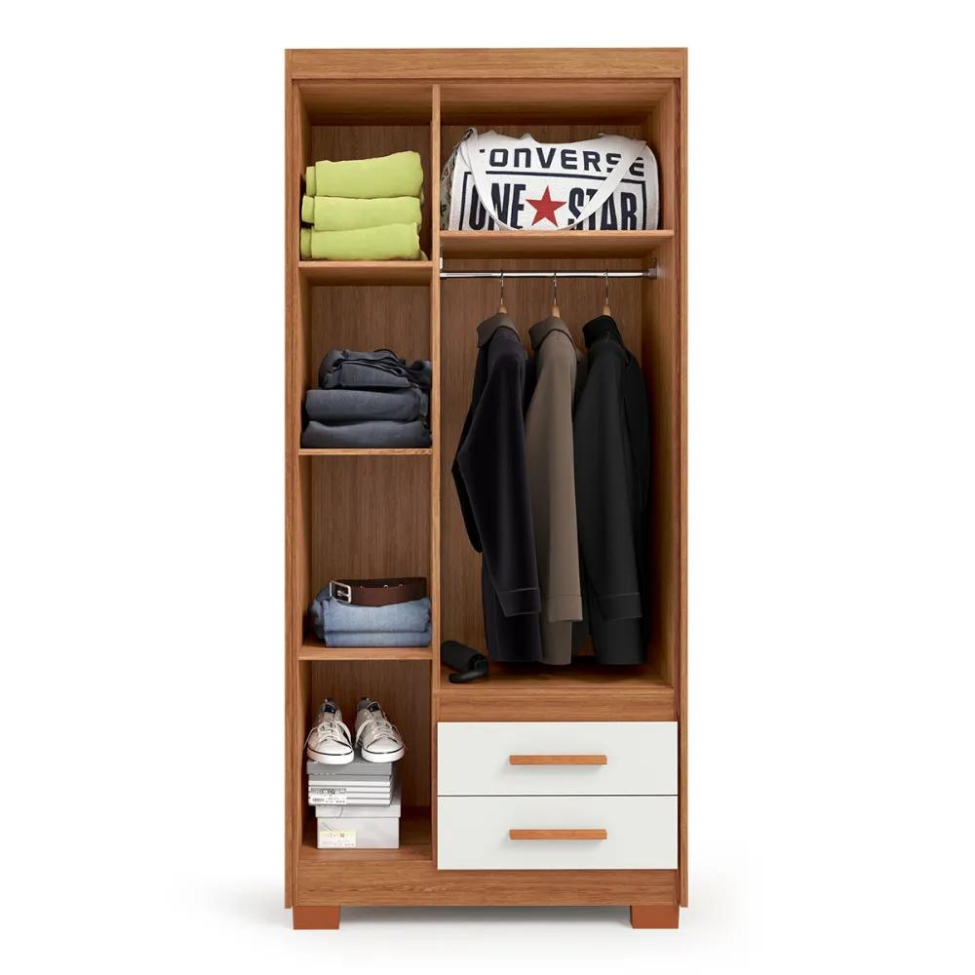 Guarda-Roupa Solteiro Primacy 3 Portas 2 Gavetas Freijó Wood e Off White