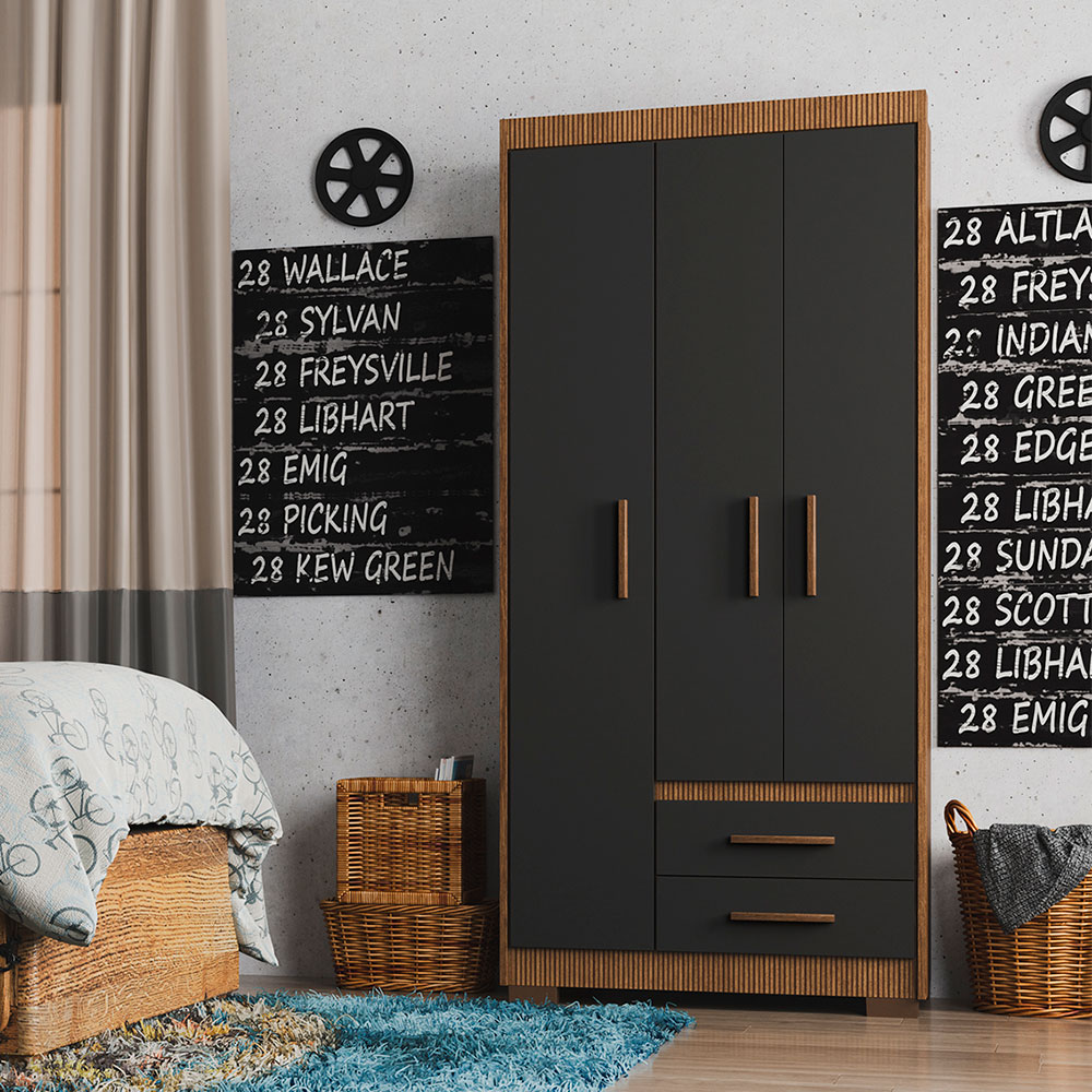 Guarda-Roupa Solteiro Primacy 3 Portas 2 Gavetas Ipê Wood e Grafite