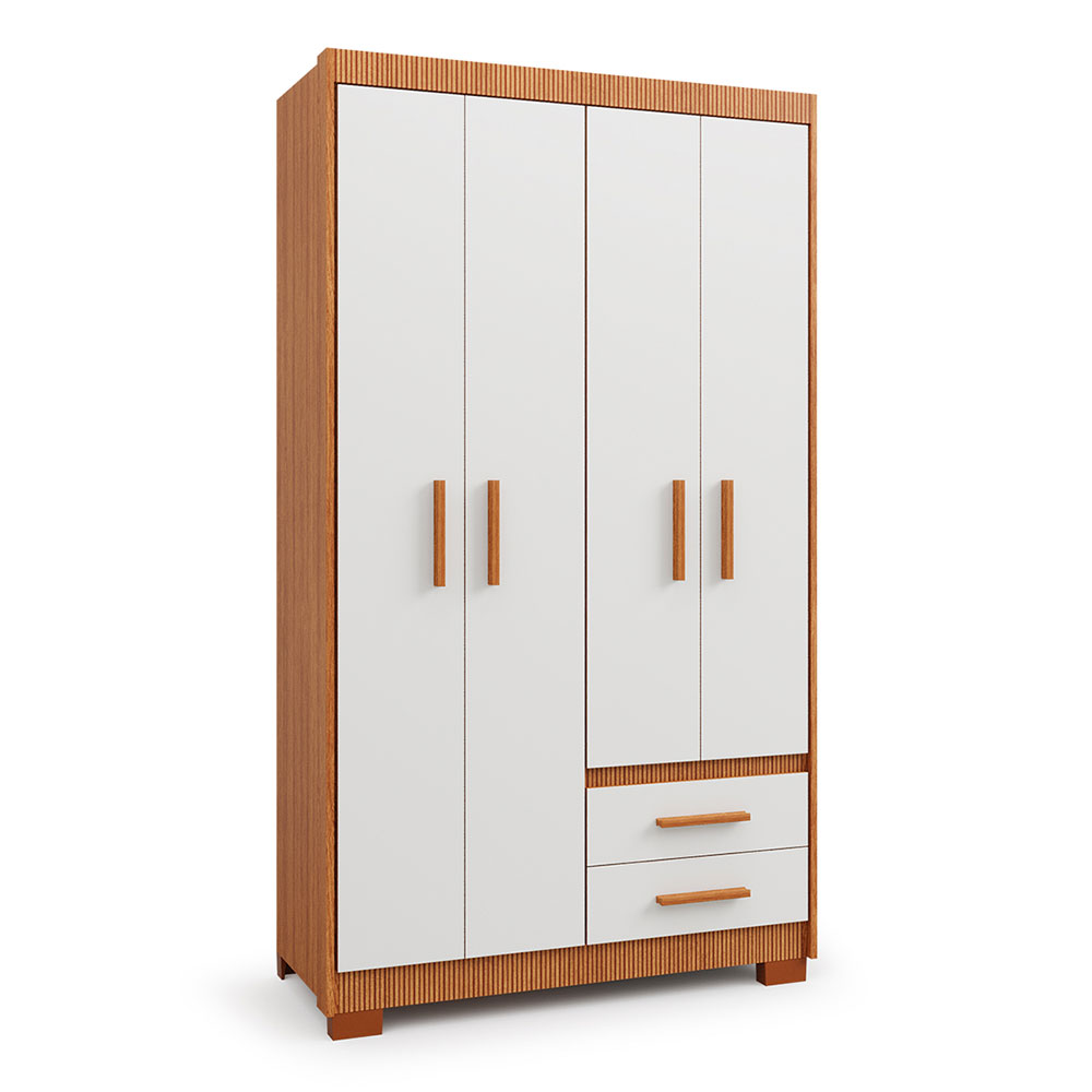 Guarda-Roupa Solteiro Primacy 4 Portas 2 Gavetas Freijó Wood e Off White