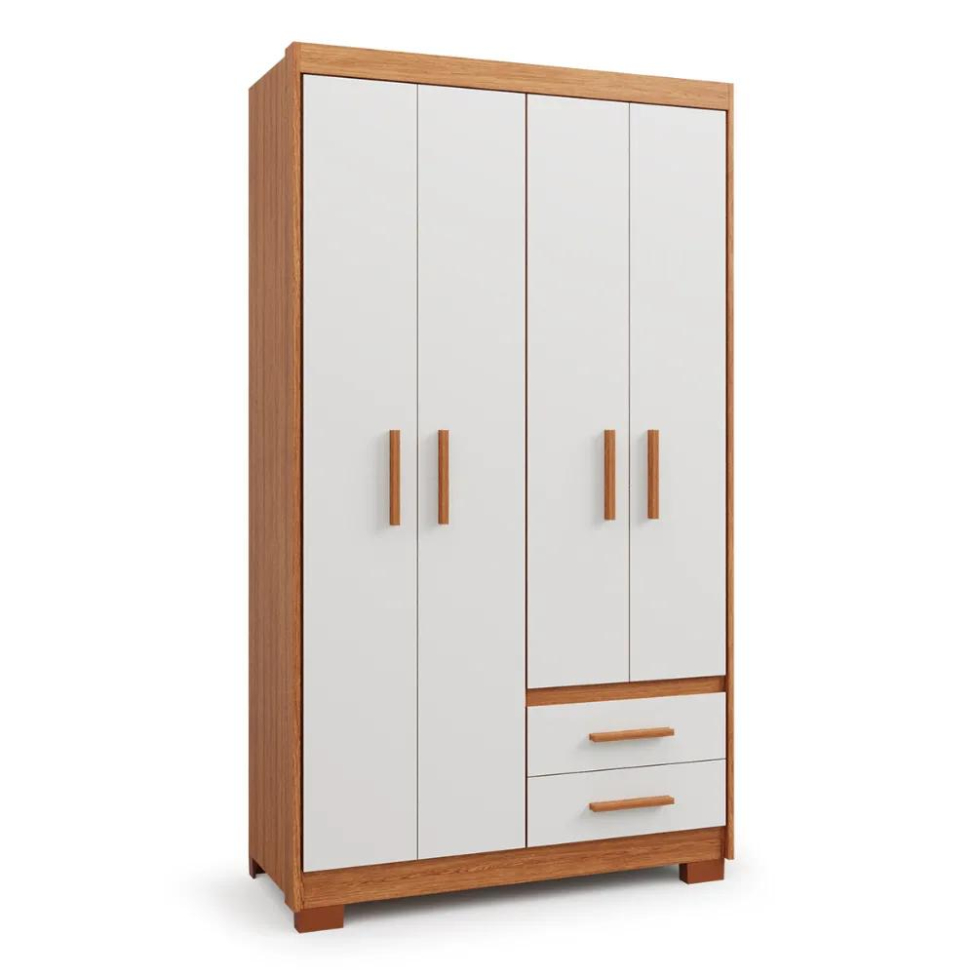 Guarda-Roupa Solteiro Primacy 4 Portas 2 Gavetas Freijó Wood e Off White