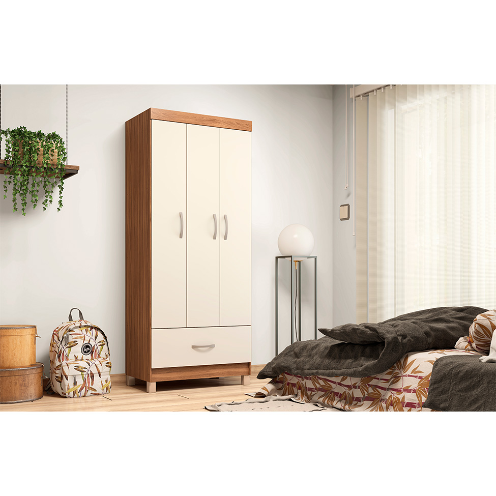 Guarda-Roupa Solteiro Prince 3 Portas 1 Gaveta Amêndola e Off White