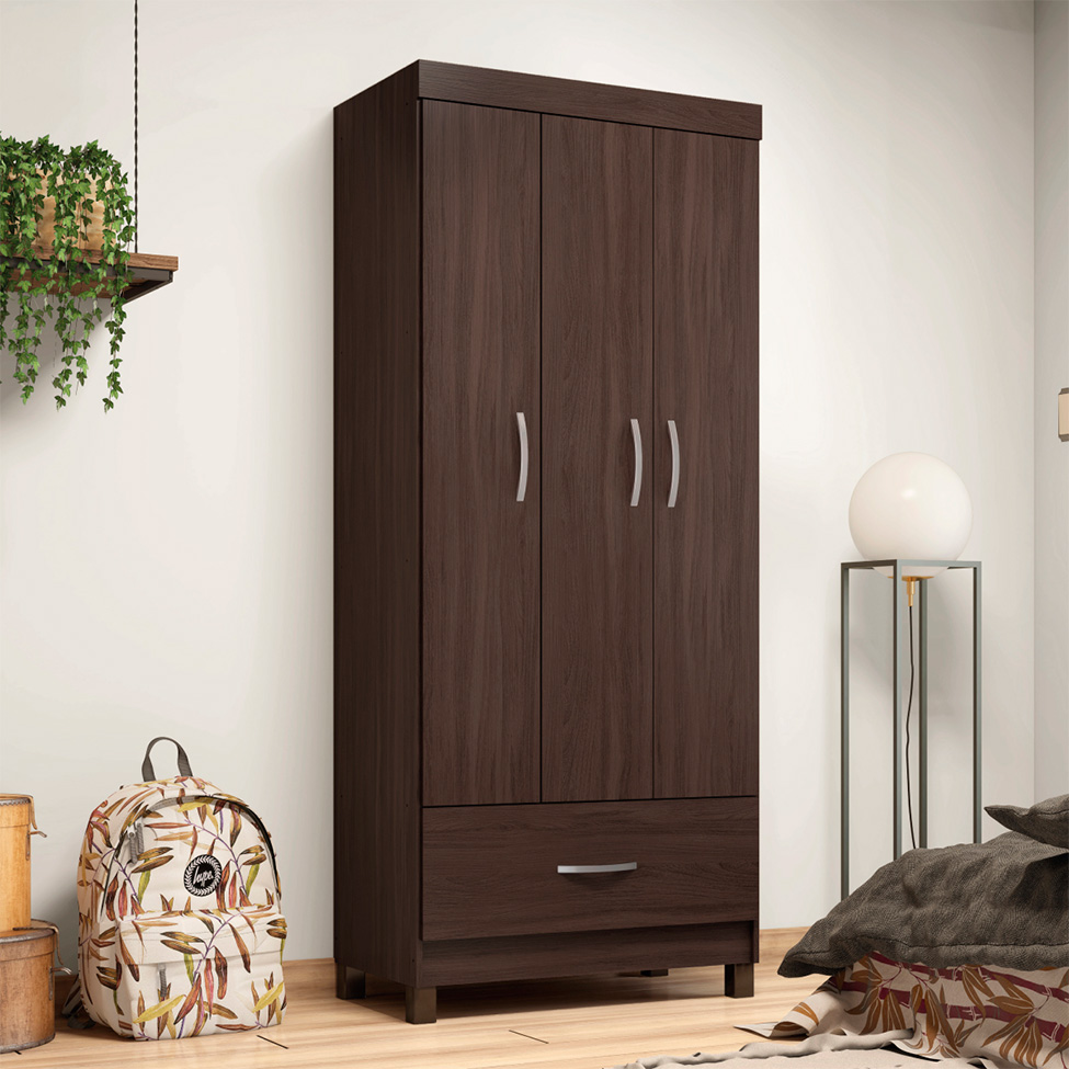 Guarda-Roupa Solteiro Prince 3 Portas 1 Gaveta Café