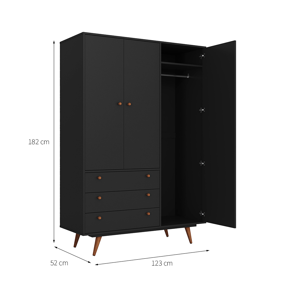 Guarda-Roupa Solteiro Retrô 3 PT 3 GV Preto