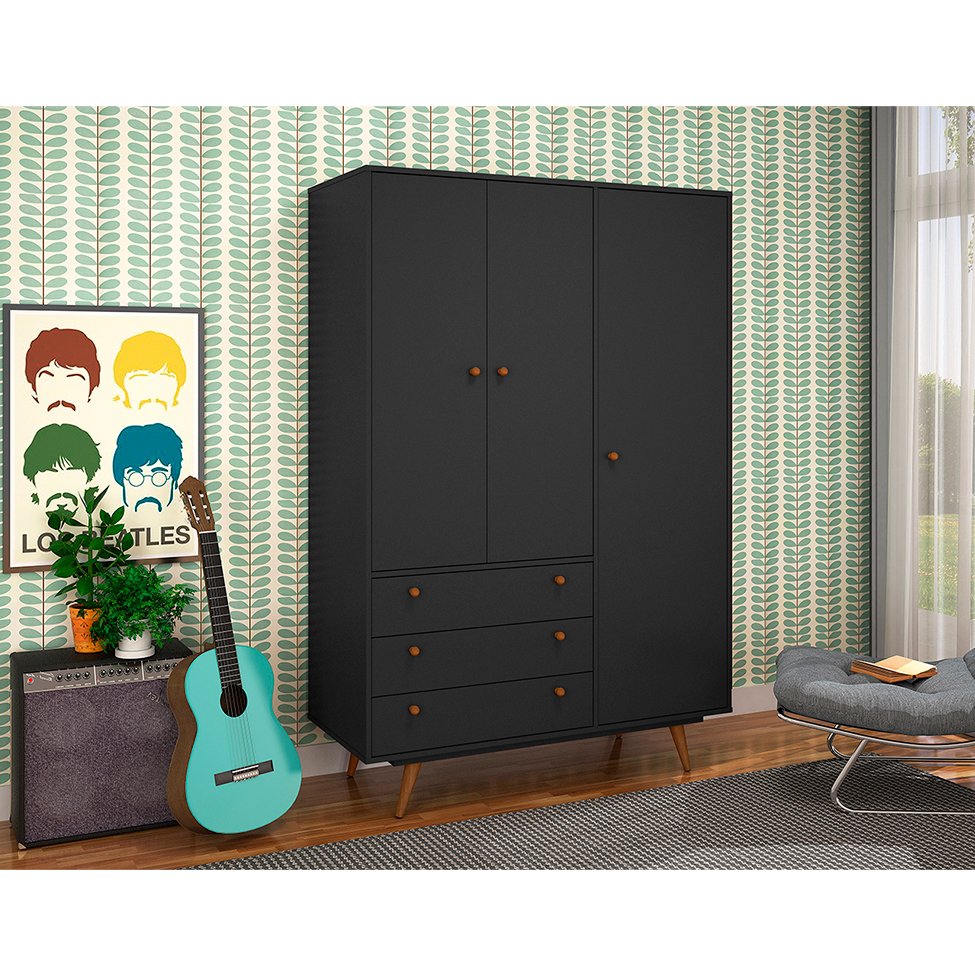 Guarda-Roupa Solteiro Retrô 3 PT 3 GV Preto