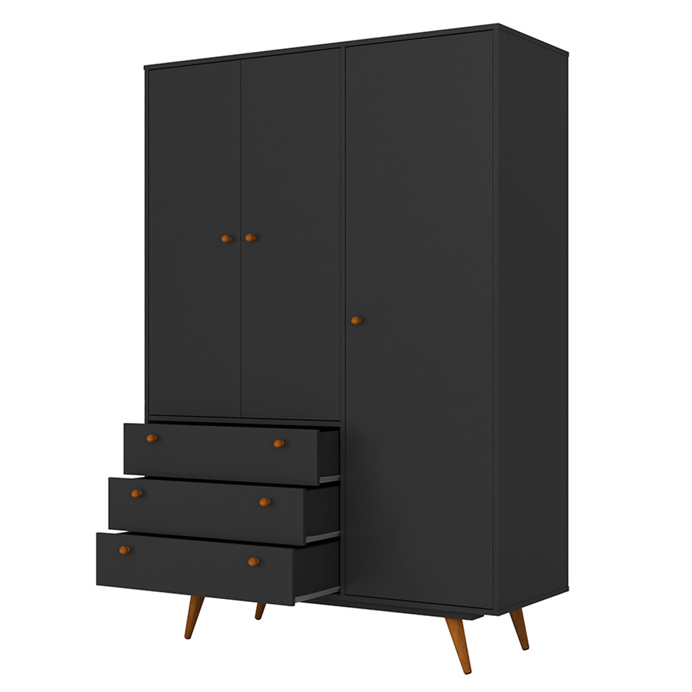 Guarda-Roupa Solteiro Retrô 3 PT 3 GV Preto