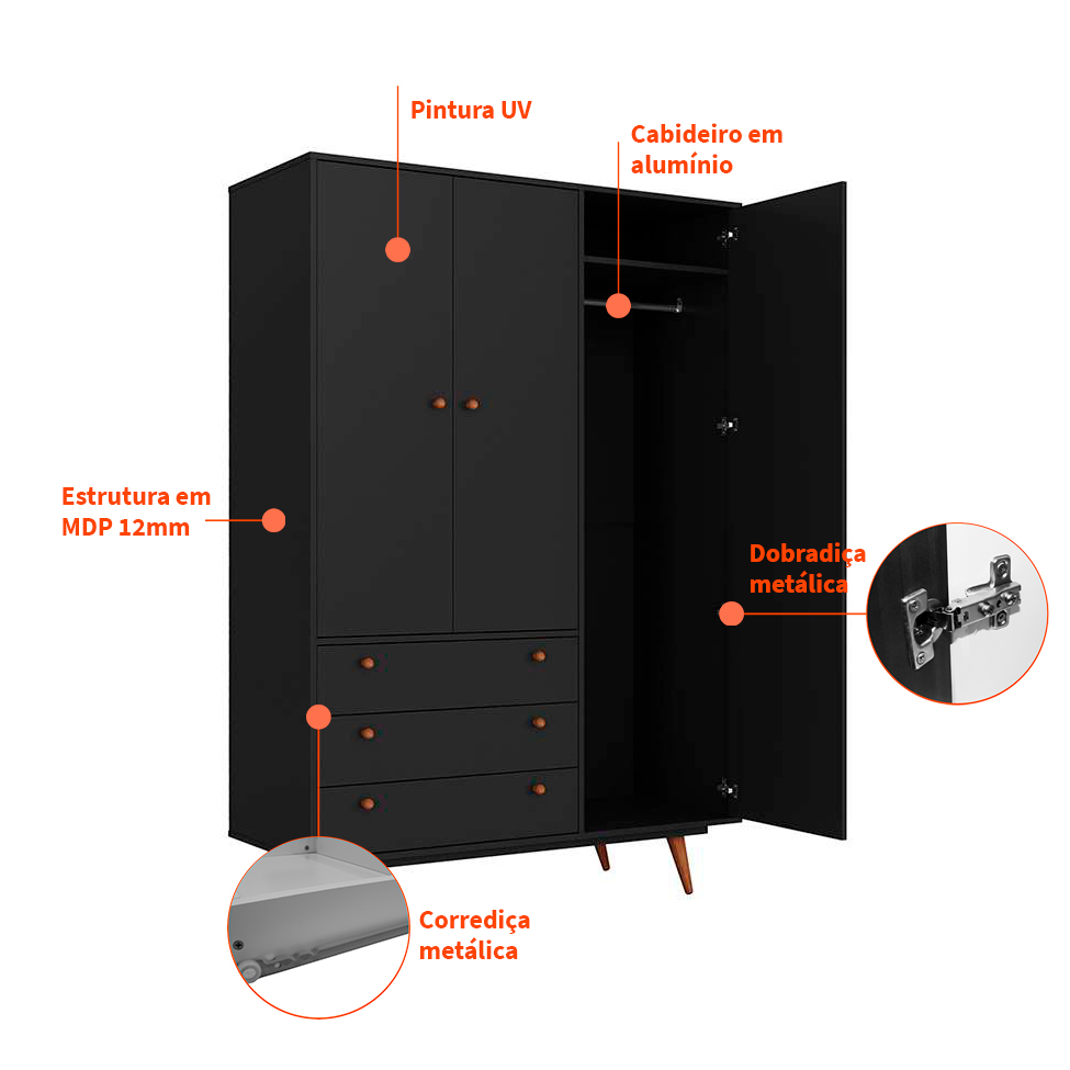Guarda-Roupa Solteiro Retrô 3 Portas 3 Gavetas Preto