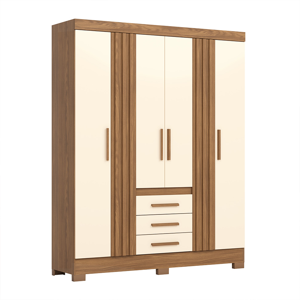 Guarda-Roupa Solteiro Ripado Lia 4 Portas 3 Gavetas Nature e Off White
