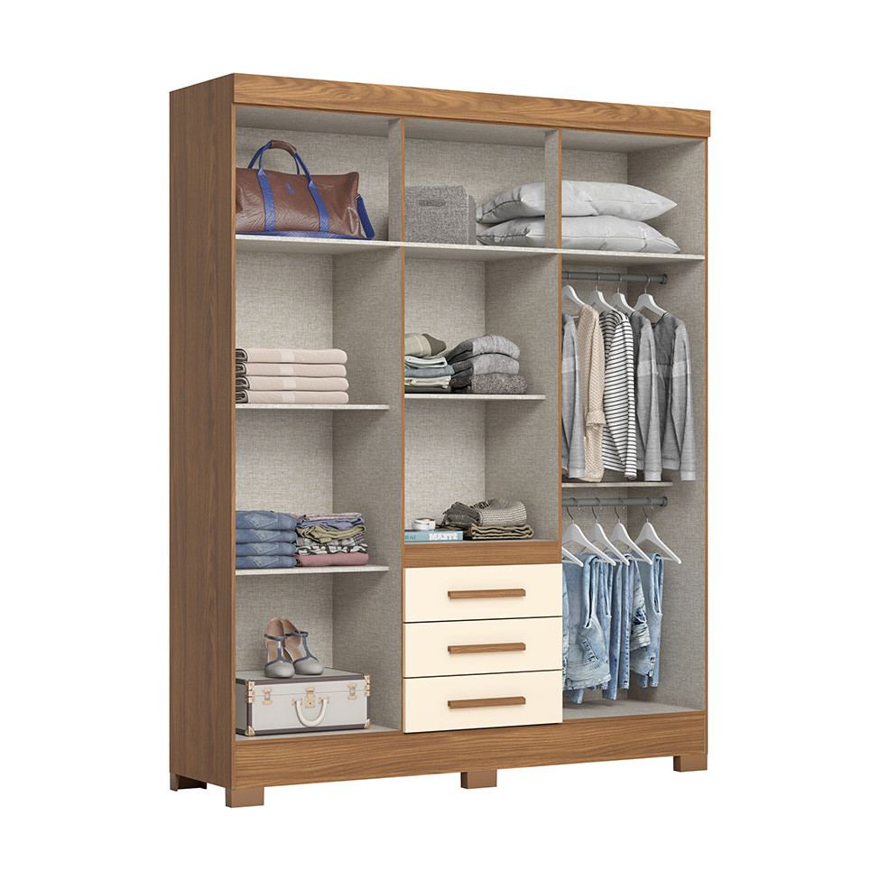 Guarda-Roupa Solteiro Ripado Lia 4 Portas 3 Gavetas Nature e Off White