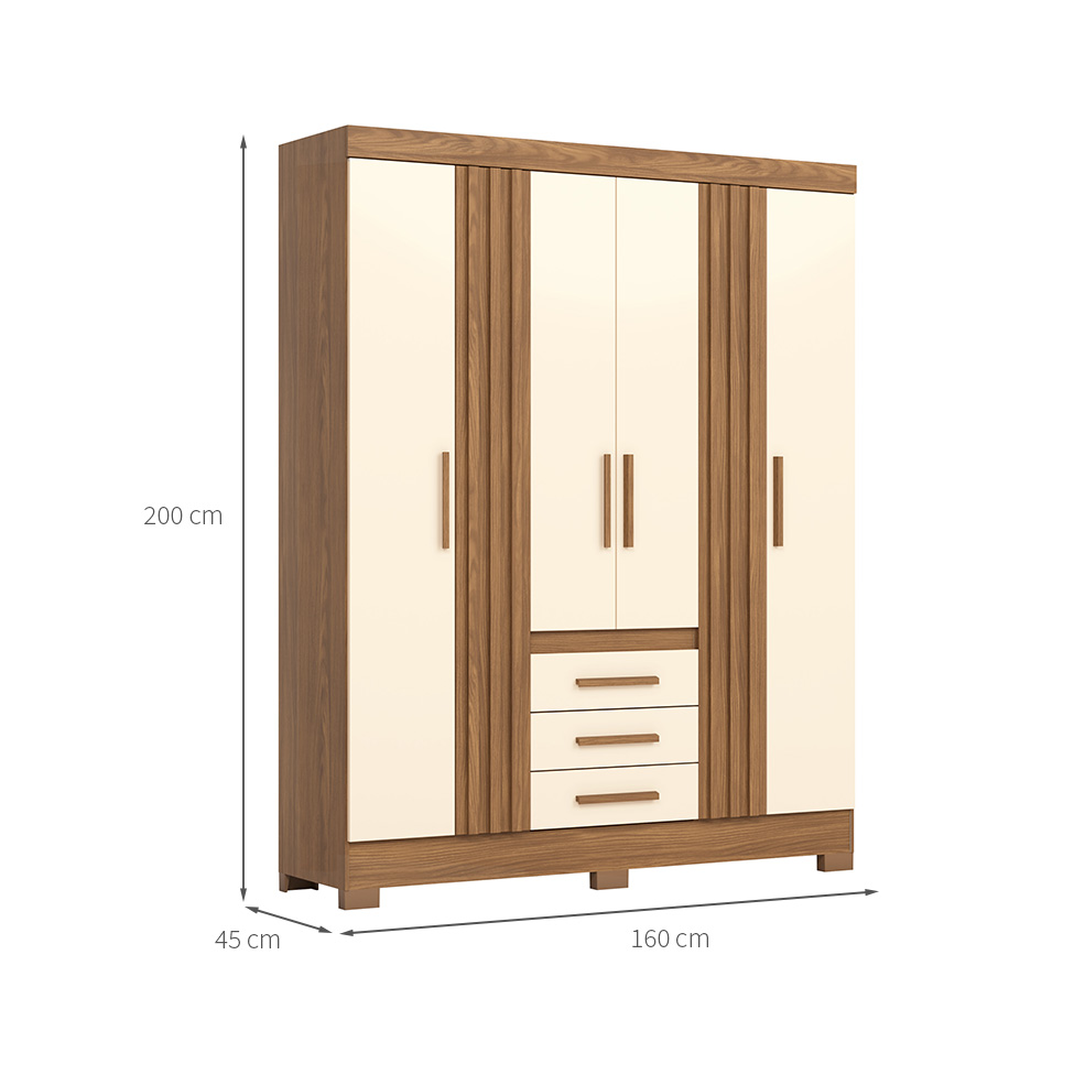 Guarda-Roupa Solteiro Ripado Lia 4 Portas 3 Gavetas Nature e Off White