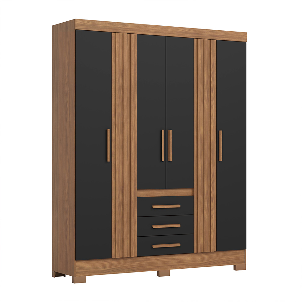 Guarda-Roupa Solteiro Ripado Lia 4 Portas 3 Gavetas Nature e Preto