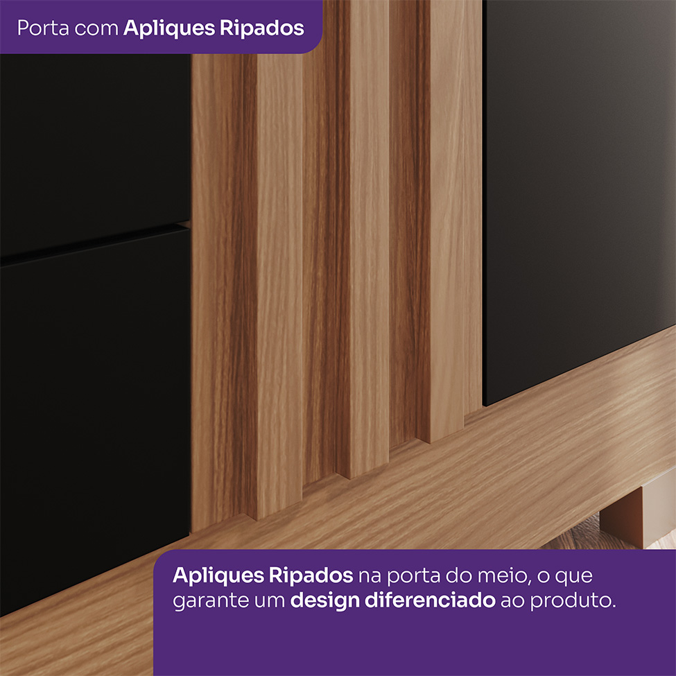 Guarda-Roupa Solteiro Ripado Lia 4 Portas 3 Gavetas Nature e Preto