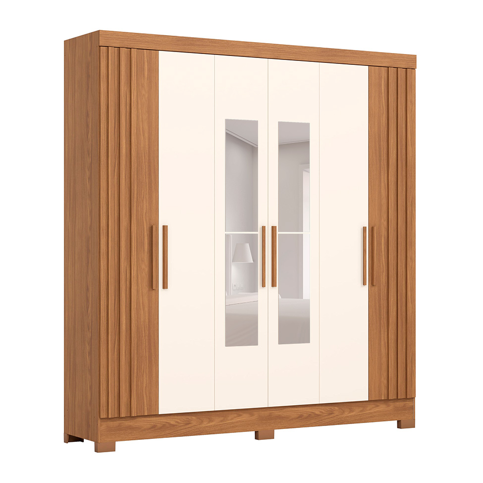 Guarda-Roupa Solteiro Ripado com Espelho Lucce 6 Portas 3 Gavetas Nature e Off White
