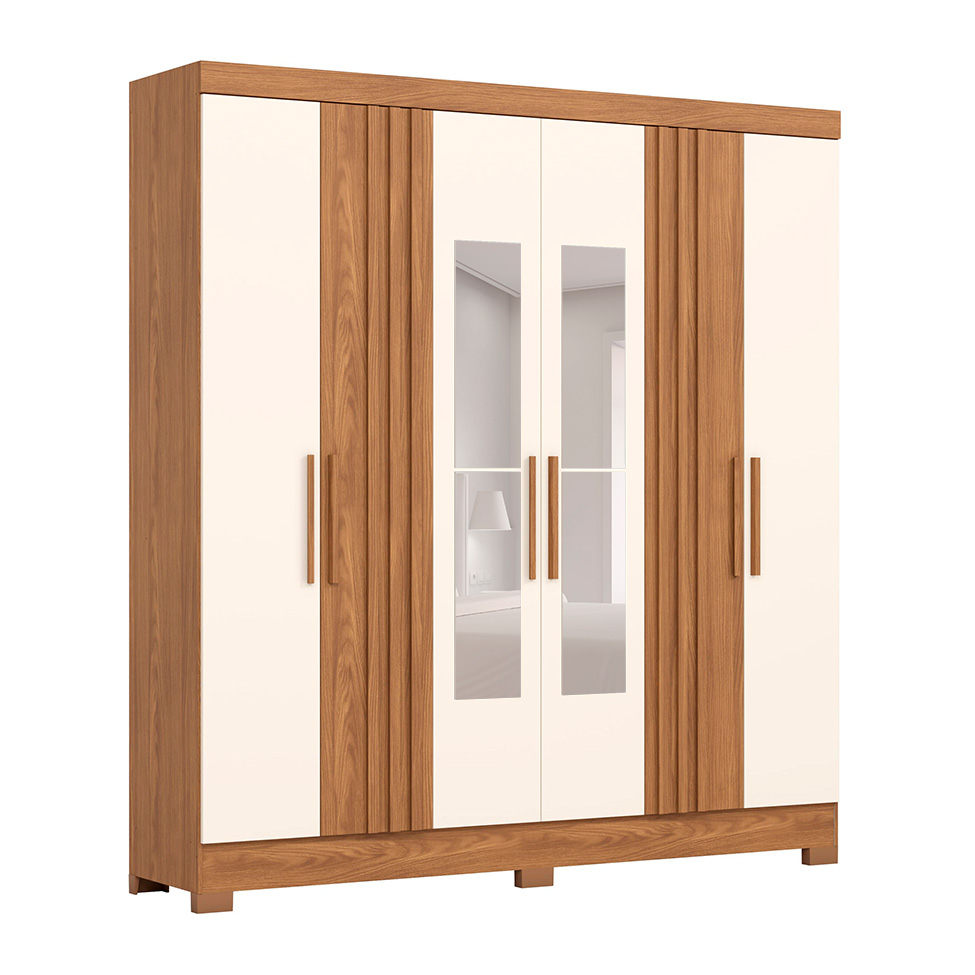 Guarda-Roupa Solteiro Ripado com Espelho Lucce 6 Portas 3 Gavetas Nature e Off White