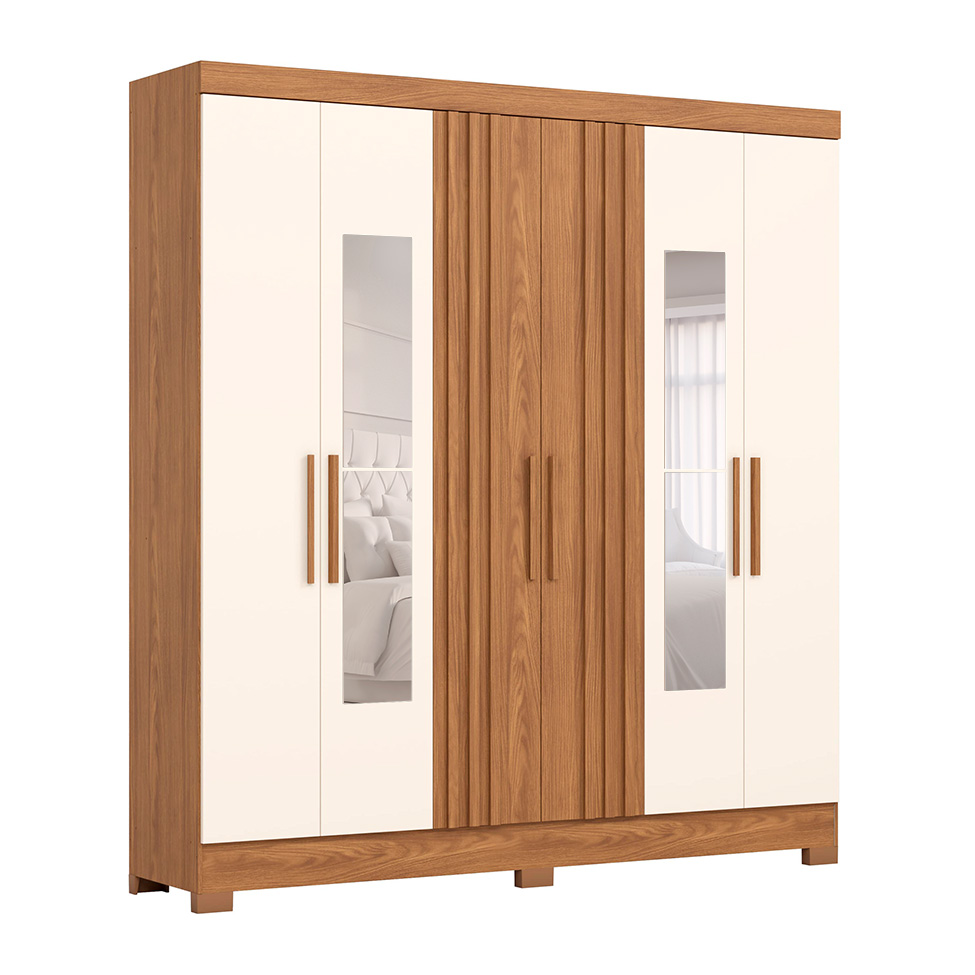 Guarda-Roupa Solteiro Ripado com Espelho Lucce 6 Portas 3 Gavetas Nature e Off White