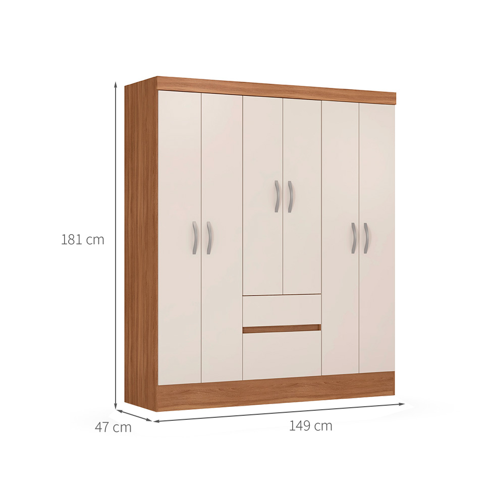 Guarda-Roupa Solteiro Sória 6 Portas 2 Gavetas Amêndola e Off White