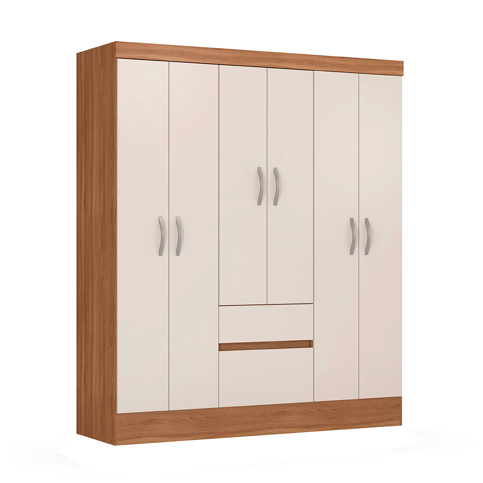 Guarda-Roupa Solteiro Sória 6 Portas 2 Gavetas Amêndola e Off White