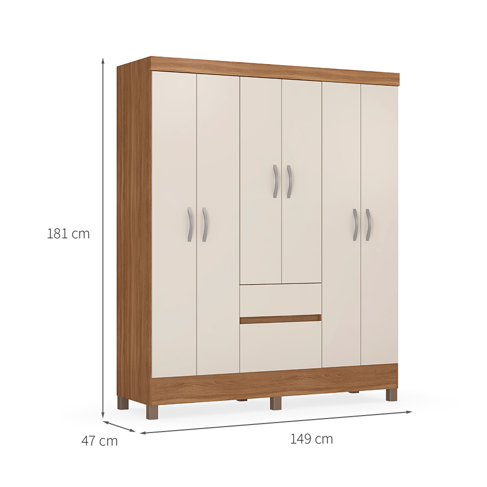 Guarda-Roupa Solteiro Sória 6 Portas 2 Gavetas Amêndola e Off White