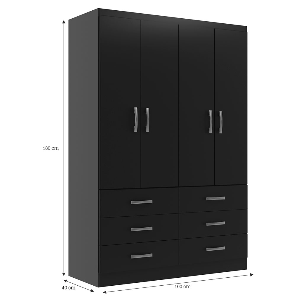 Guarda-Roupa Solteiro Treviso 4 Portas 6 Gavetas Preto