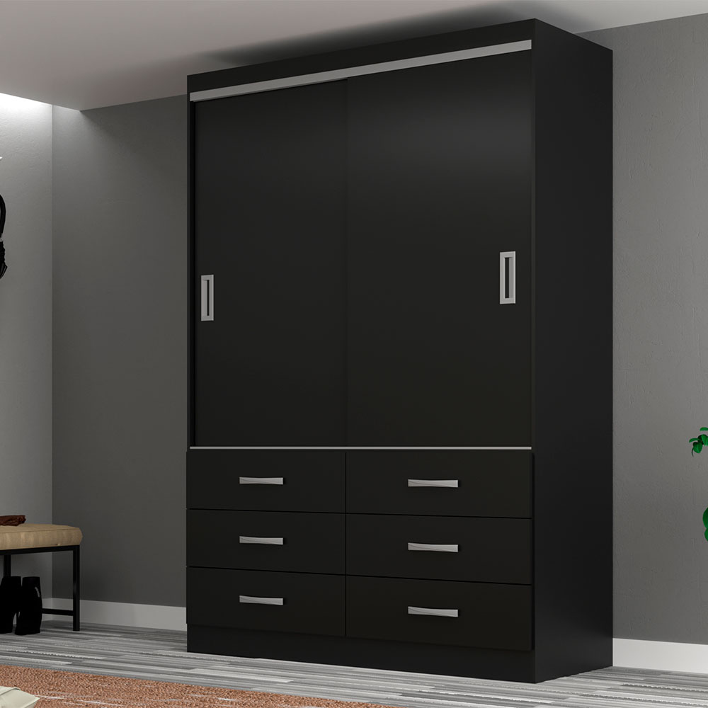 Guarda-Roupa Solteiro Veneza 2 Portas 6 Gavetas Preto