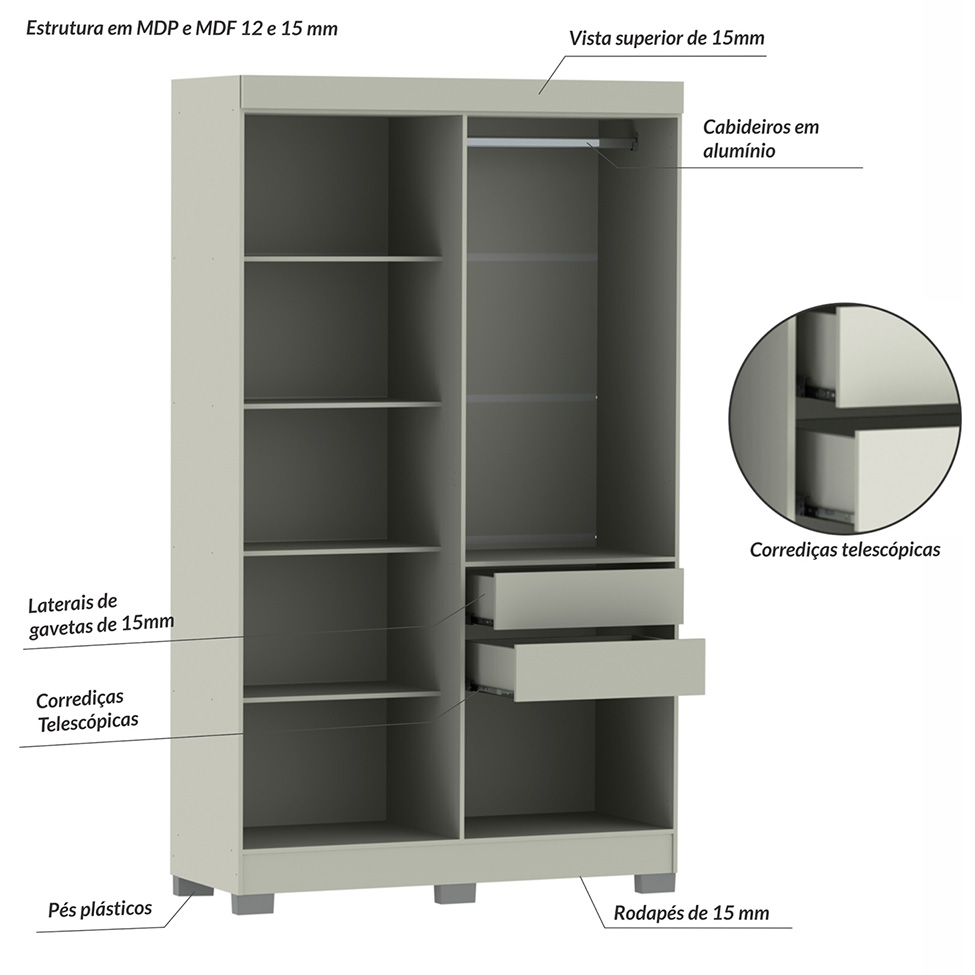 Guarda-Roupa Solteiro York 4 Portas 2 Gavetas Off White