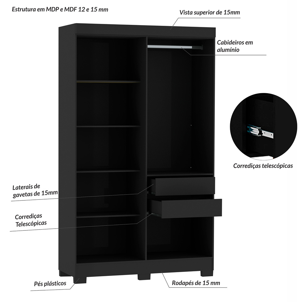 Guarda-Roupa Solteiro York 4 Portas 2 Gavetas Preto
