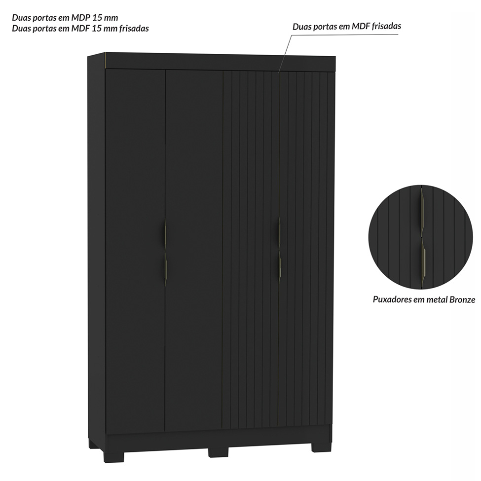 Guarda-Roupa Solteiro York 4 Portas 2 Gavetas Preto