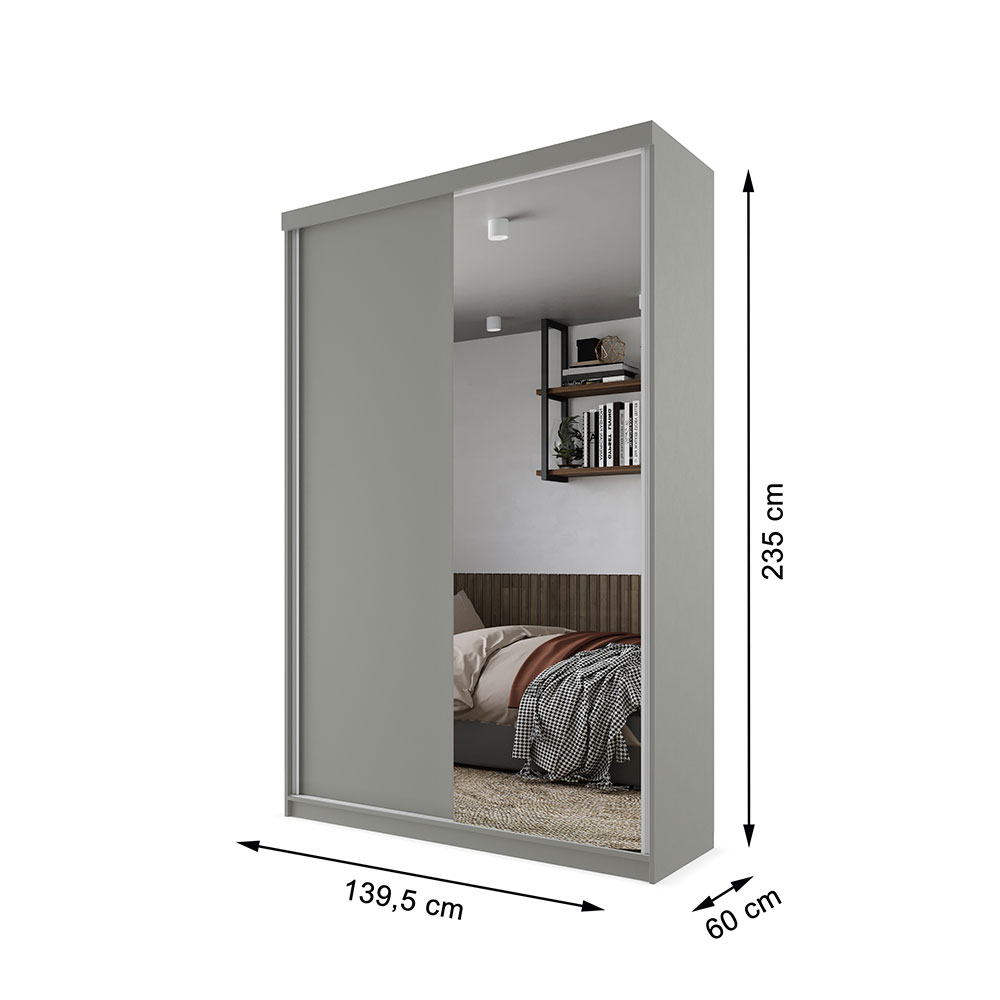 Guarda-Roupa Solteiro com 1 Espelho Geneve 2 Portas 2 Gavetas Cinza