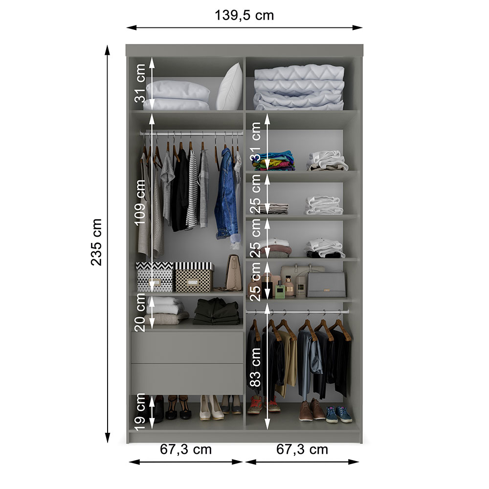 Guarda-Roupa Solteiro com 1 Espelho Geneve 2 Portas 2 Gavetas Cinza