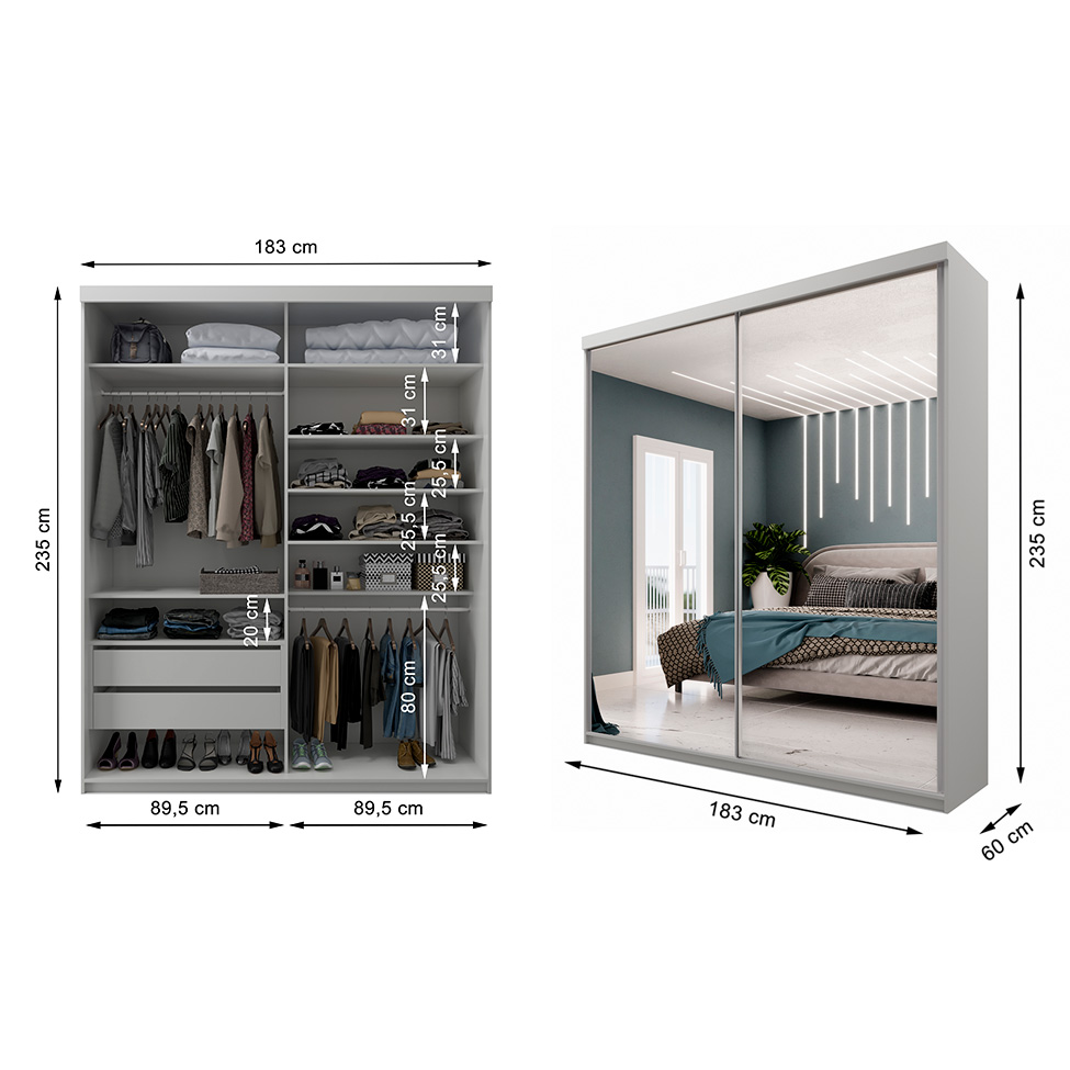 Guarda-Roupa Solteiro com 2 Espelhos Altdorf 2 Portas 2 Gavetas Cinza