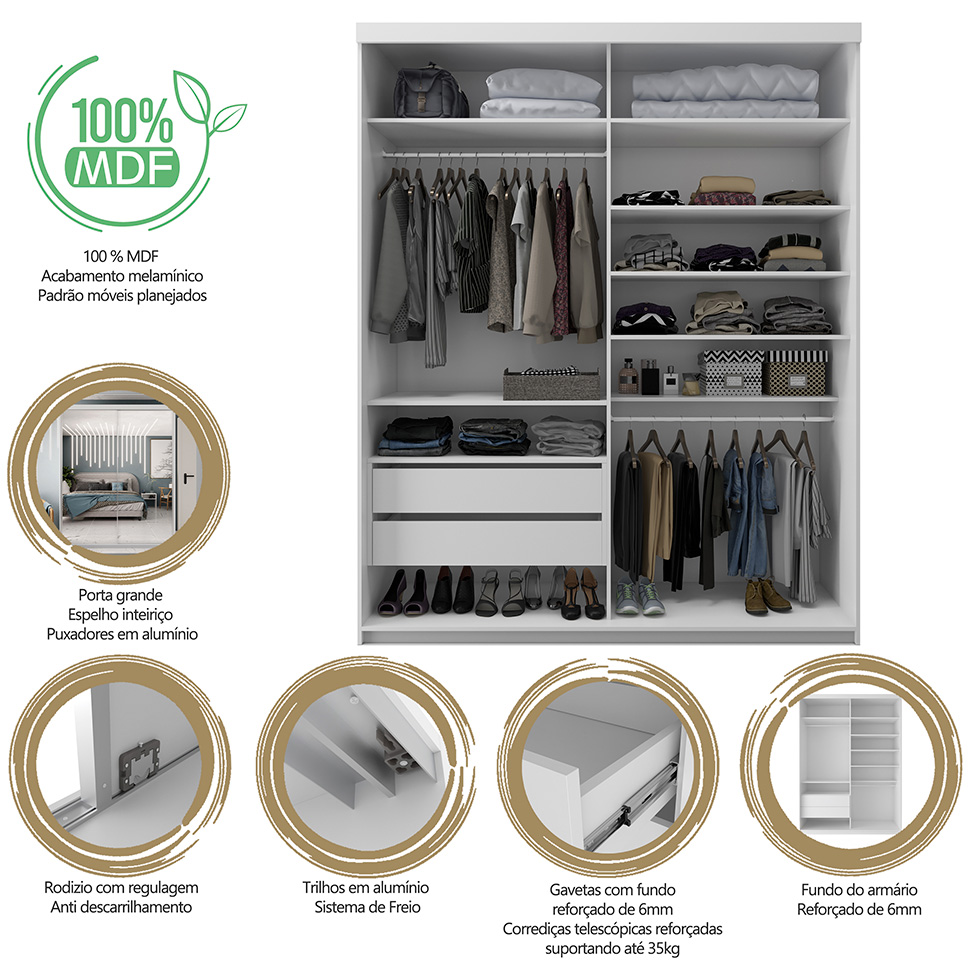 Guarda-Roupa Solteiro com 2 Espelhos Altdorf 2 Portas 2 Gavetas Cinza