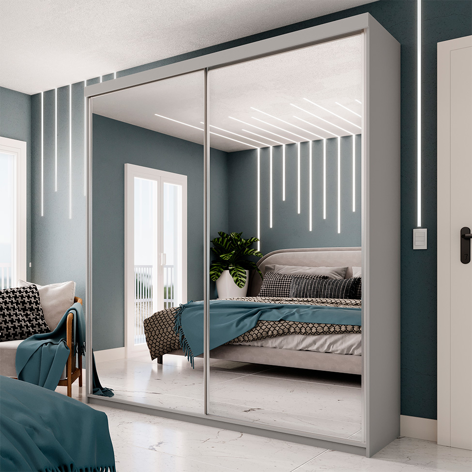 Guarda-Roupa Solteiro com 2 Espelhos Altdorf 2 Portas 2 Gavetas Cinza