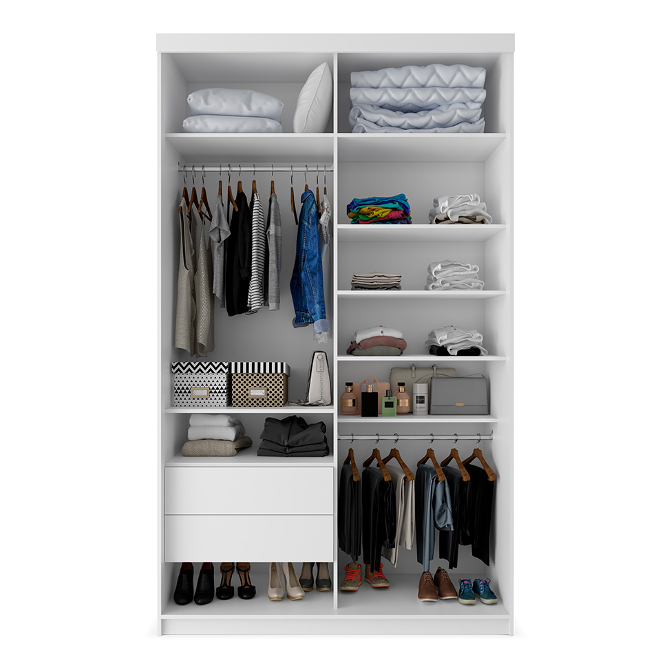 Guarda-Roupa Solteiro com 2 Espelhos Genebra 100% MDF 2 Portas 2 Gavetas Branco