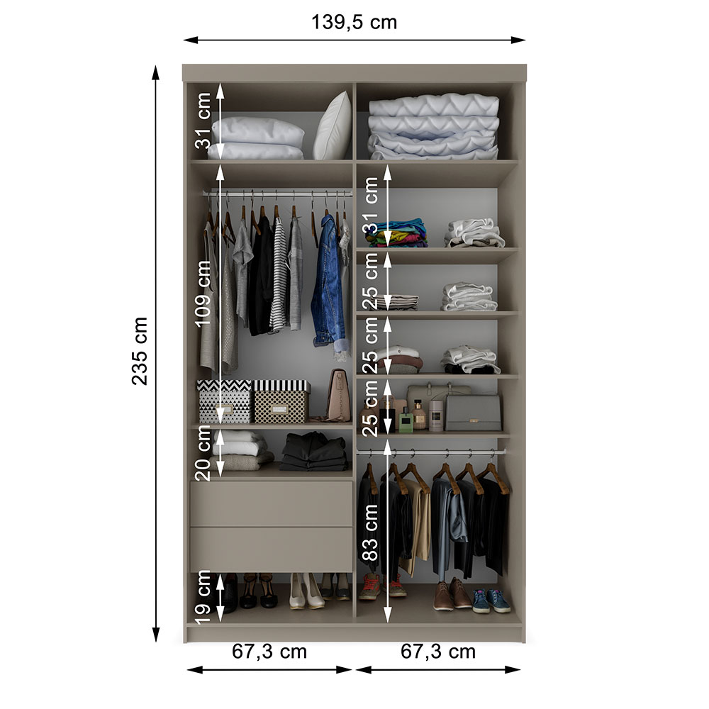 Guarda-Roupa Solteiro com 2 Espelhos Geneve 2 Portas 2 Gavetas Bege